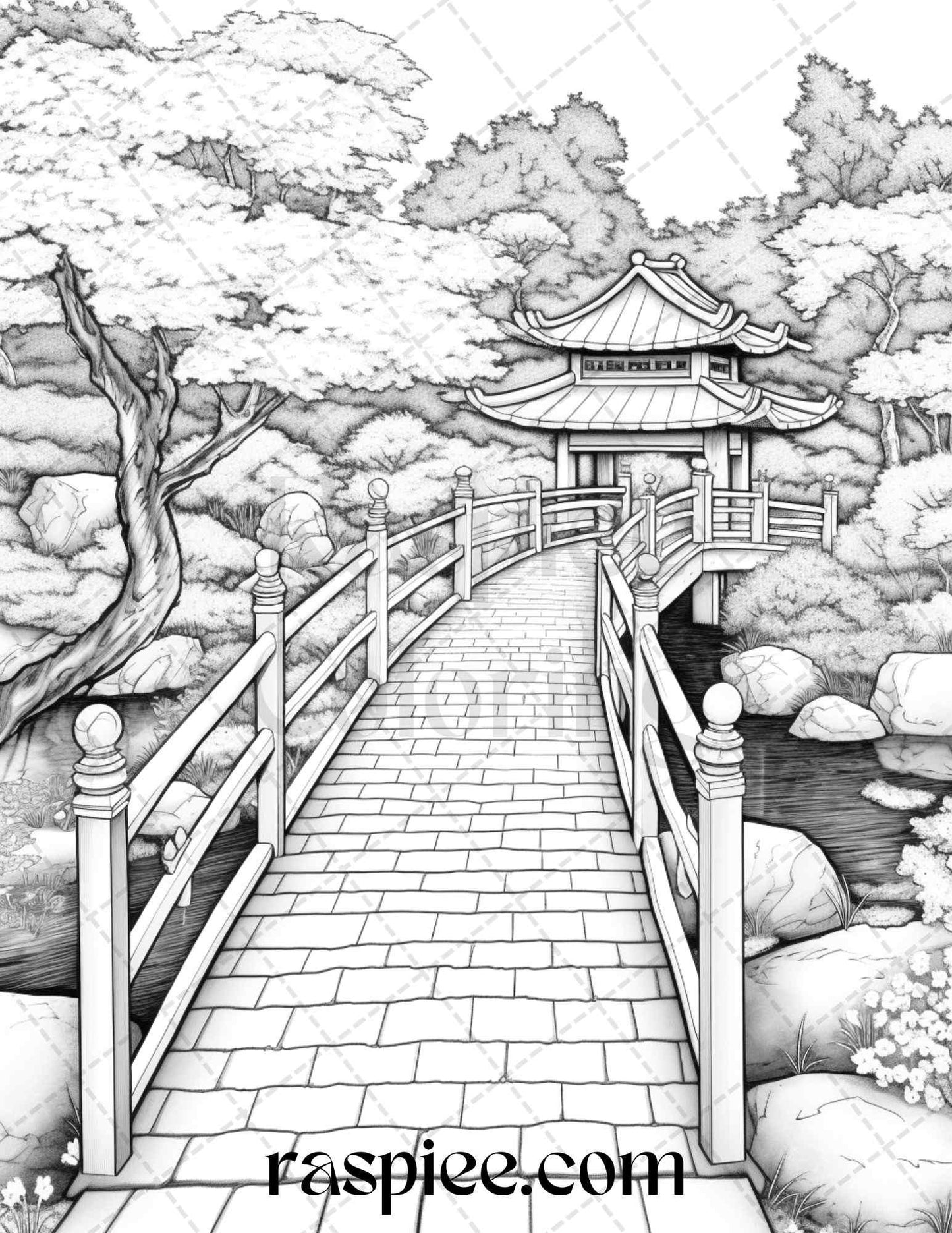 Japanese Garden Grayscale Coloring Pages Printable for Adults, PDF File Instant Download