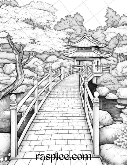 Japanese Garden Grayscale Coloring Pages Printable for Adults, PDF File Instant Download