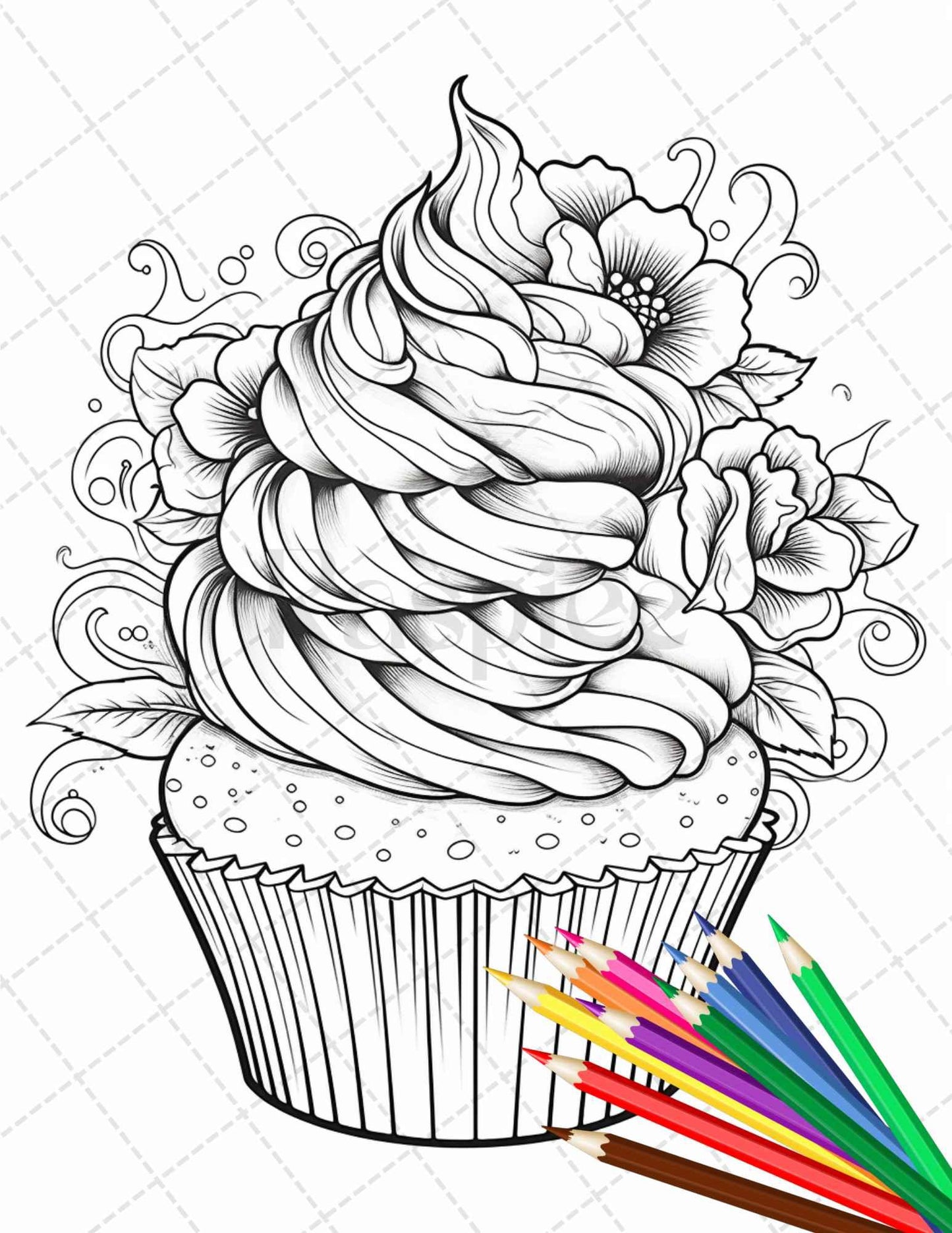 36 Sweet Desserts Coloring Pages Printable for Adults, Grayscale Coloring Page, PDF File Instant Download