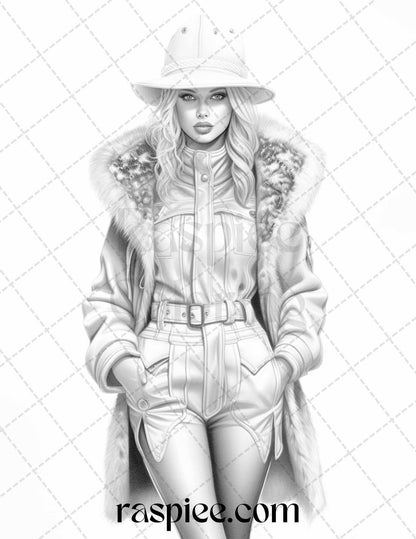 40 Winter Fashion Grayscale Coloring Pages Printable for Adults, PDF File Instant Download