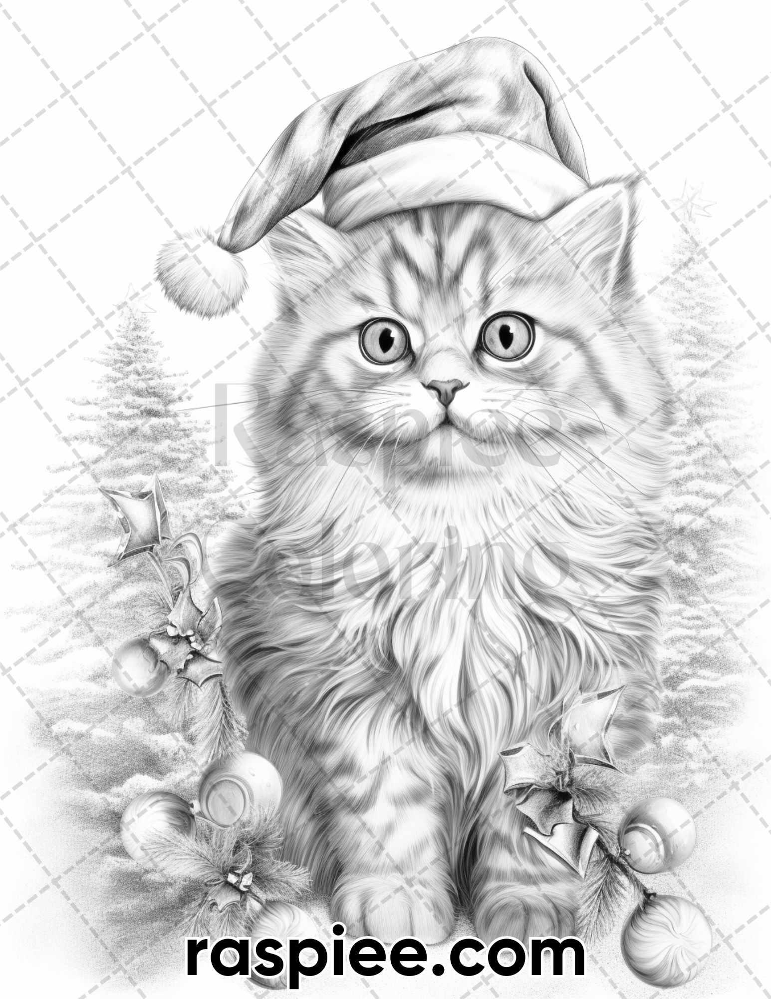 40 Christmas Cats Grayscale Coloring Pages for Adults, Printable PDF Instant Download