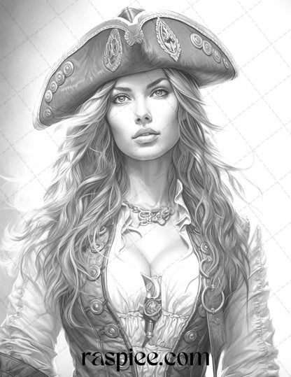 60 Pirate Life Grayscale Coloring Pages Printable for Adults, Stress Relief Coloring, PDF File Instant Download
