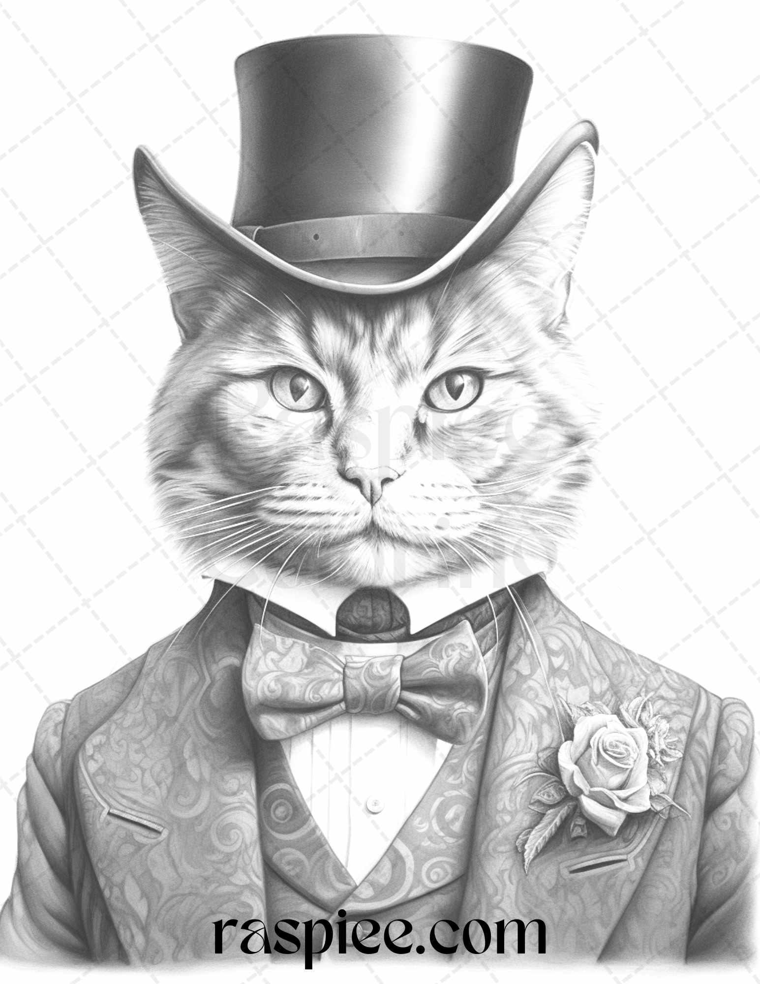 Gentleman Cat Grayscale Coloring Pages Printable for Adults Kids, PDF File Instant Download