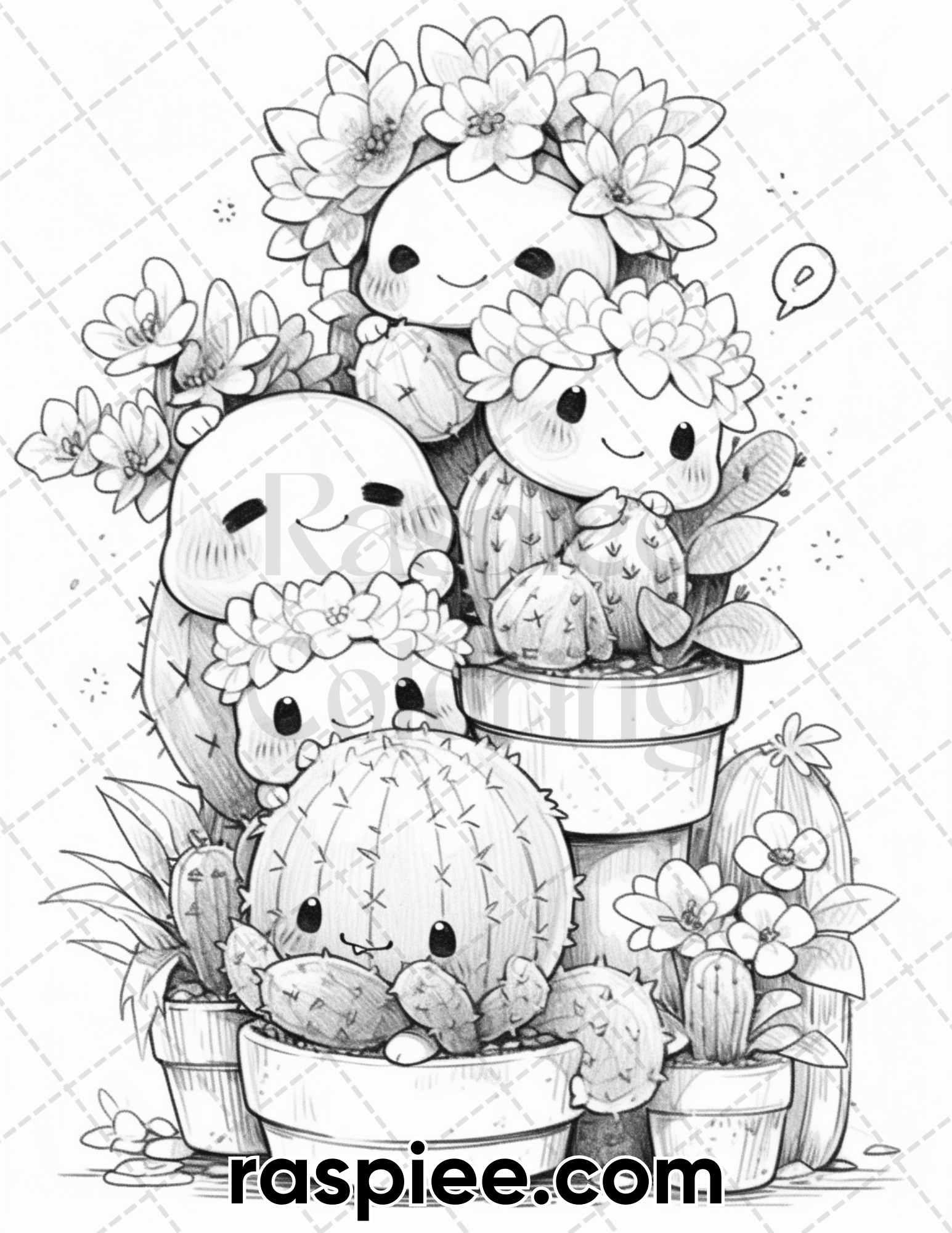 60 Cute Cactus Adventure Grayscale Coloring Pages for Adults, Printable PDF Instant Download