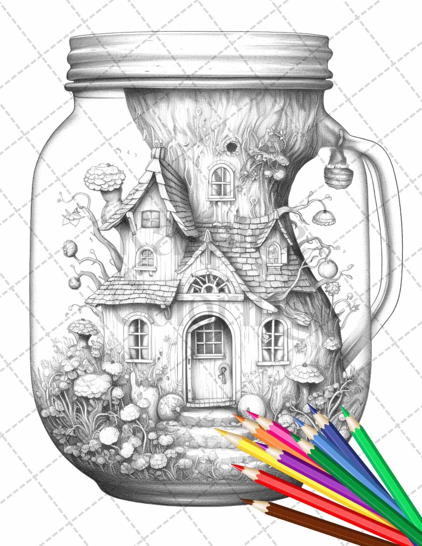 Fairy House in Jar Grayscale Coloring Pages Printable for Adults, PDF File Instant Download