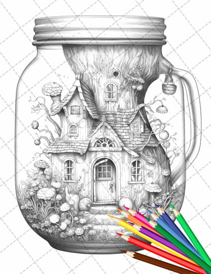 Fairy House in Jar Grayscale Coloring Pages Printable for Adults, PDF File Instant Download
