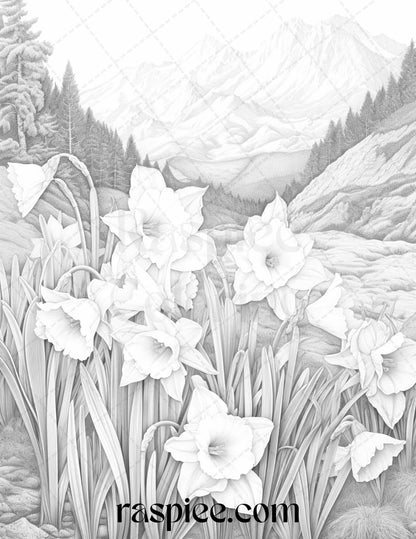 60 Mountain Flower Landscapes Grayscale Coloring Pages Printable for Adults, PDF File Instant Download