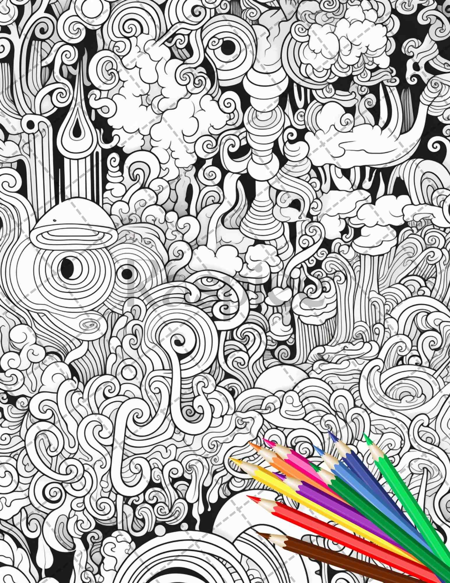 Psychedelic Trippy Coloring Book Printable for Adults, Grayscale Coloring Page, PDF File Instant Download