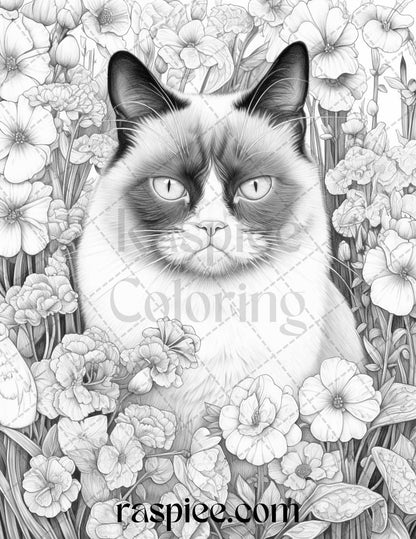 50 Grumpy Cat Grayscale Coloring Pages Printable for Adults, PDF File Instant Download