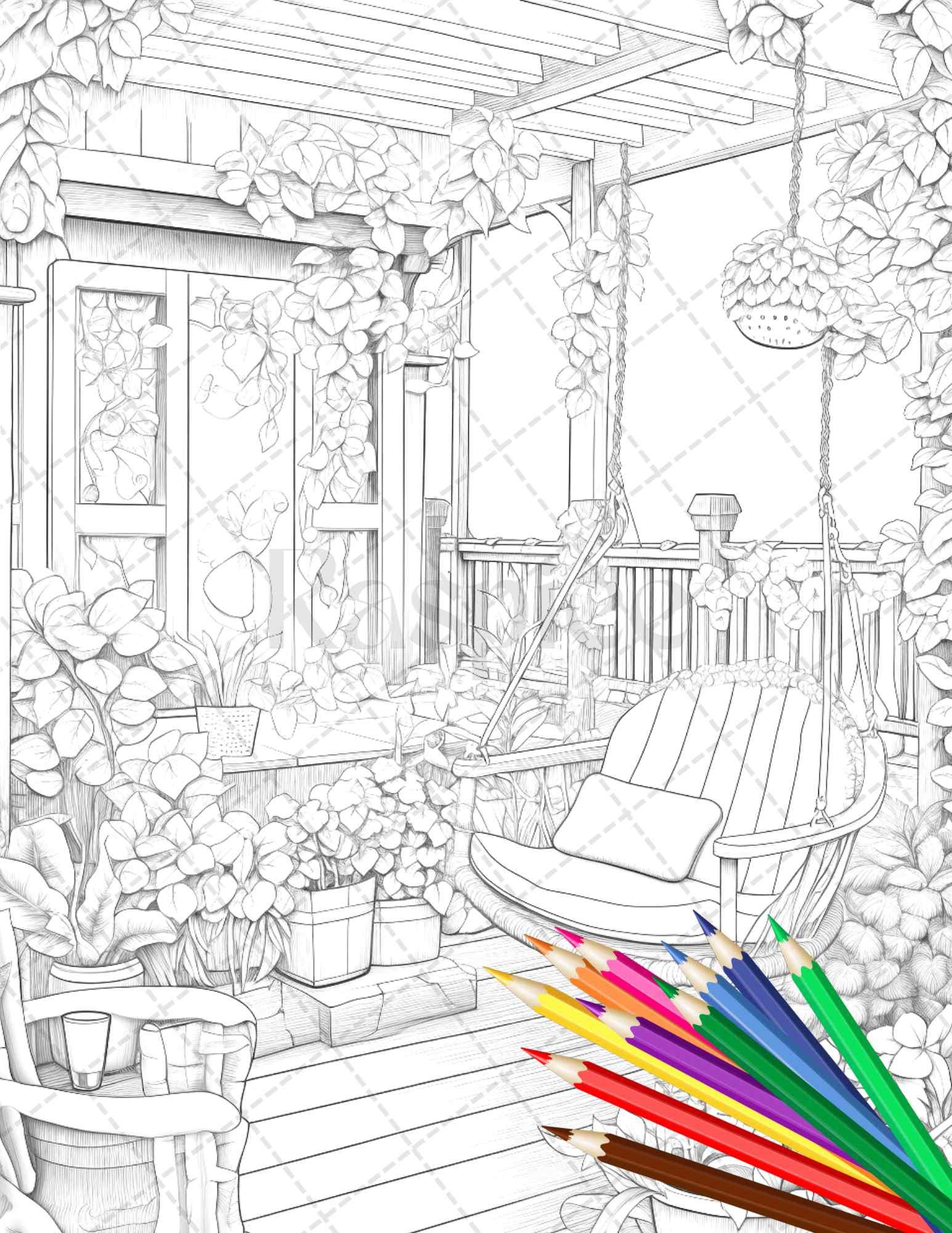 Charming Balcony Garden Grayscale Coloring Pages Printable for Adults, PDF File Instant Download