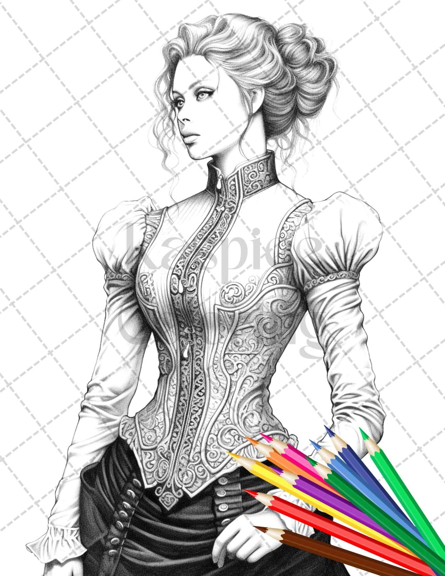 50 Victorian Fashion Grayscale Coloring Pages Printable for Adults, PDF File Instant Download