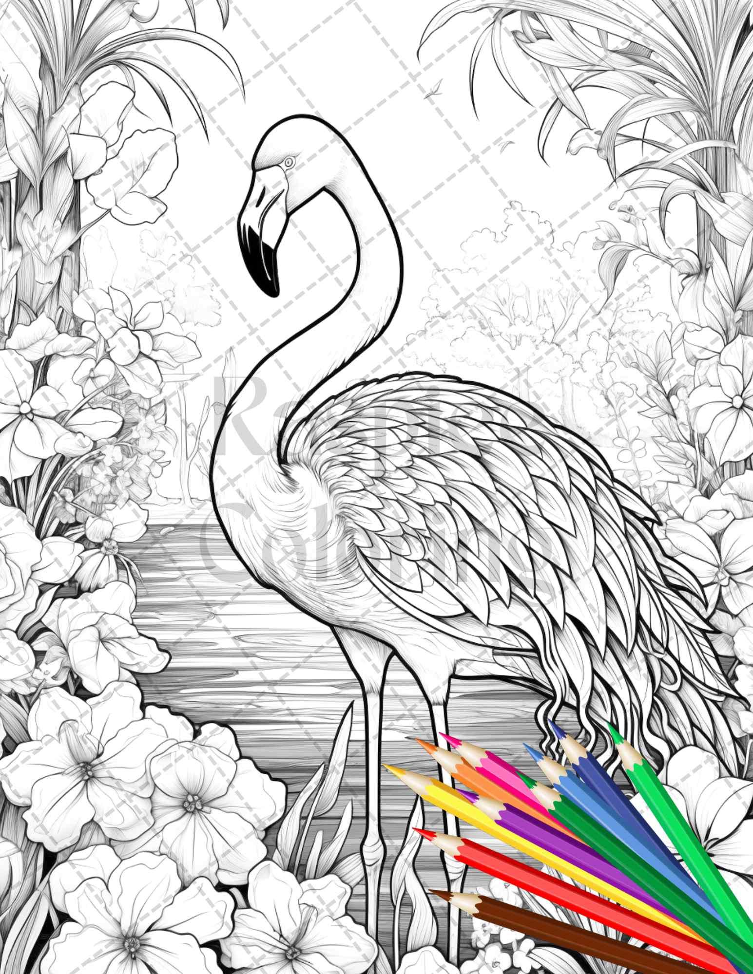Flamingo Oasis Grayscale Coloring Pages Printable for Adults, PDF File Instant Download