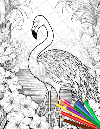Flamingo Oasis Grayscale Coloring Pages Printable for Adults, PDF File Instant Download