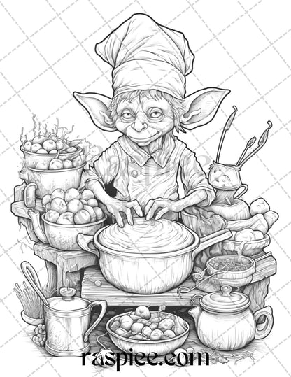 Fantasy Goblins Grayscale Coloring Pages Printable for Adults, PDF File Instant Download