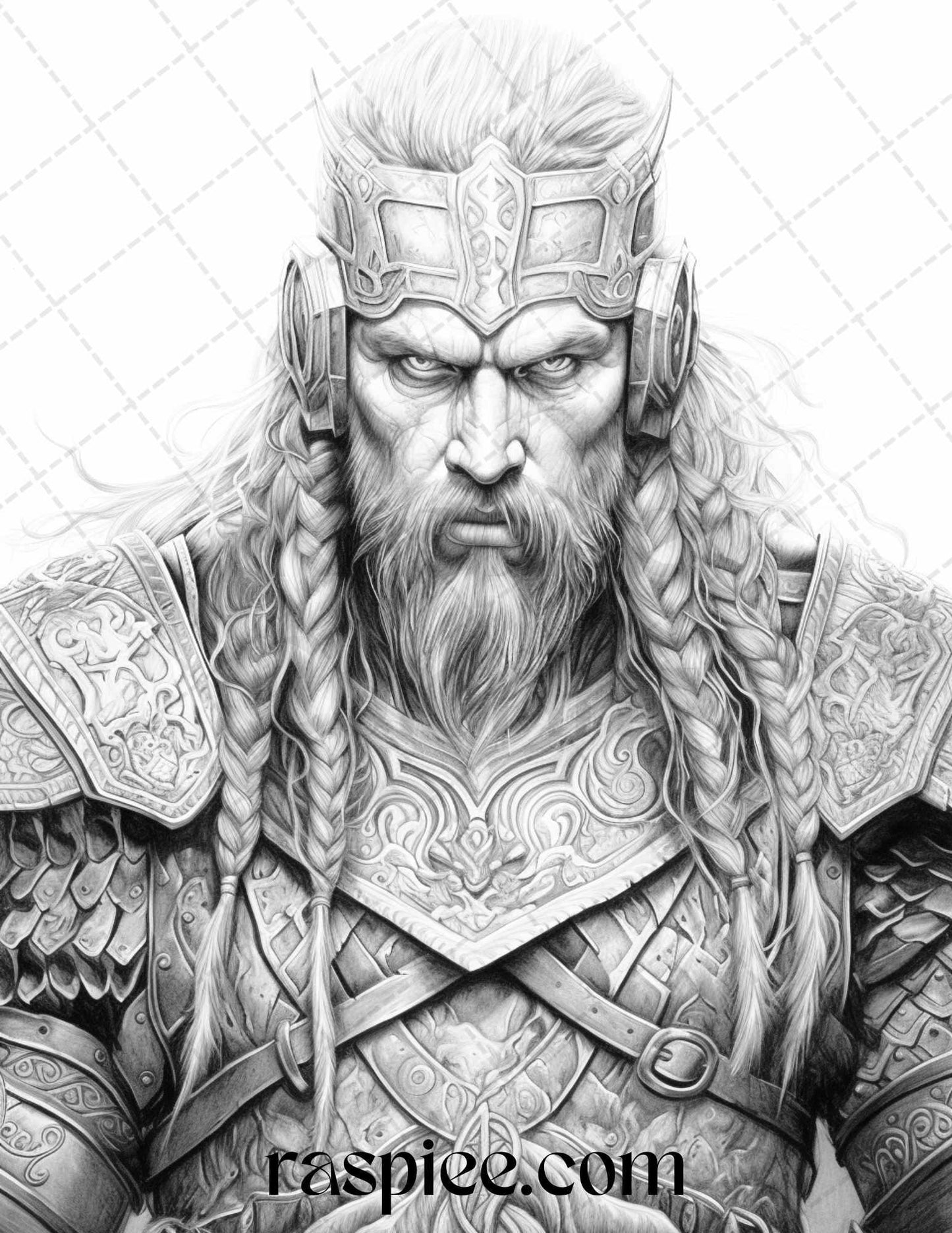 55 Viking Warriors Portrait Grayscale Coloring Pages Printable for Adults, PDF File Instant Download