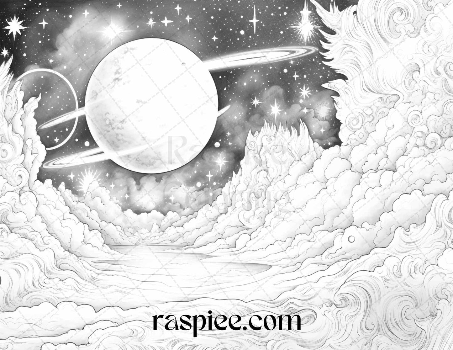 55 Celestial Landscapes Grayscale Coloring Pages Printable for Adults, PDF File Instant Download