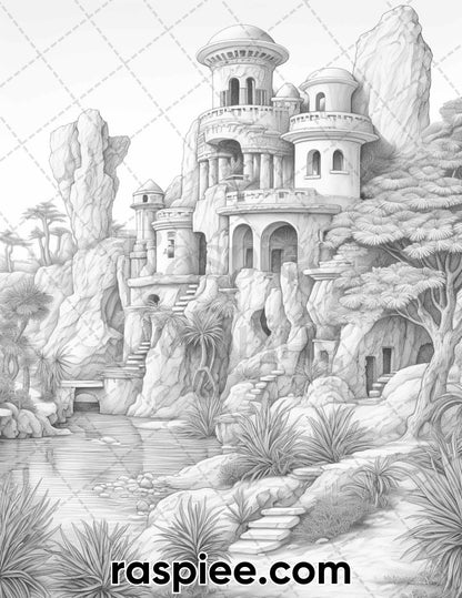 55 Desert Oasis Fairy Homes Grayscale Coloring Pages for Adults, Printable PDF Instant Download