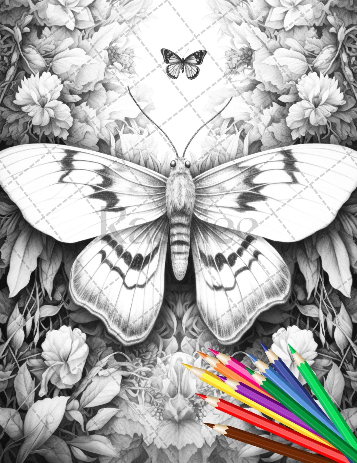 32 Beautiful Moths and Floral Coloring Book for Adults, Grayscale Coloring Page, Printable PDF Instant Download