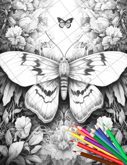 32 Beautiful Moths and Floral Coloring Book for Adults, Grayscale Coloring Page, Printable PDF Instant Download