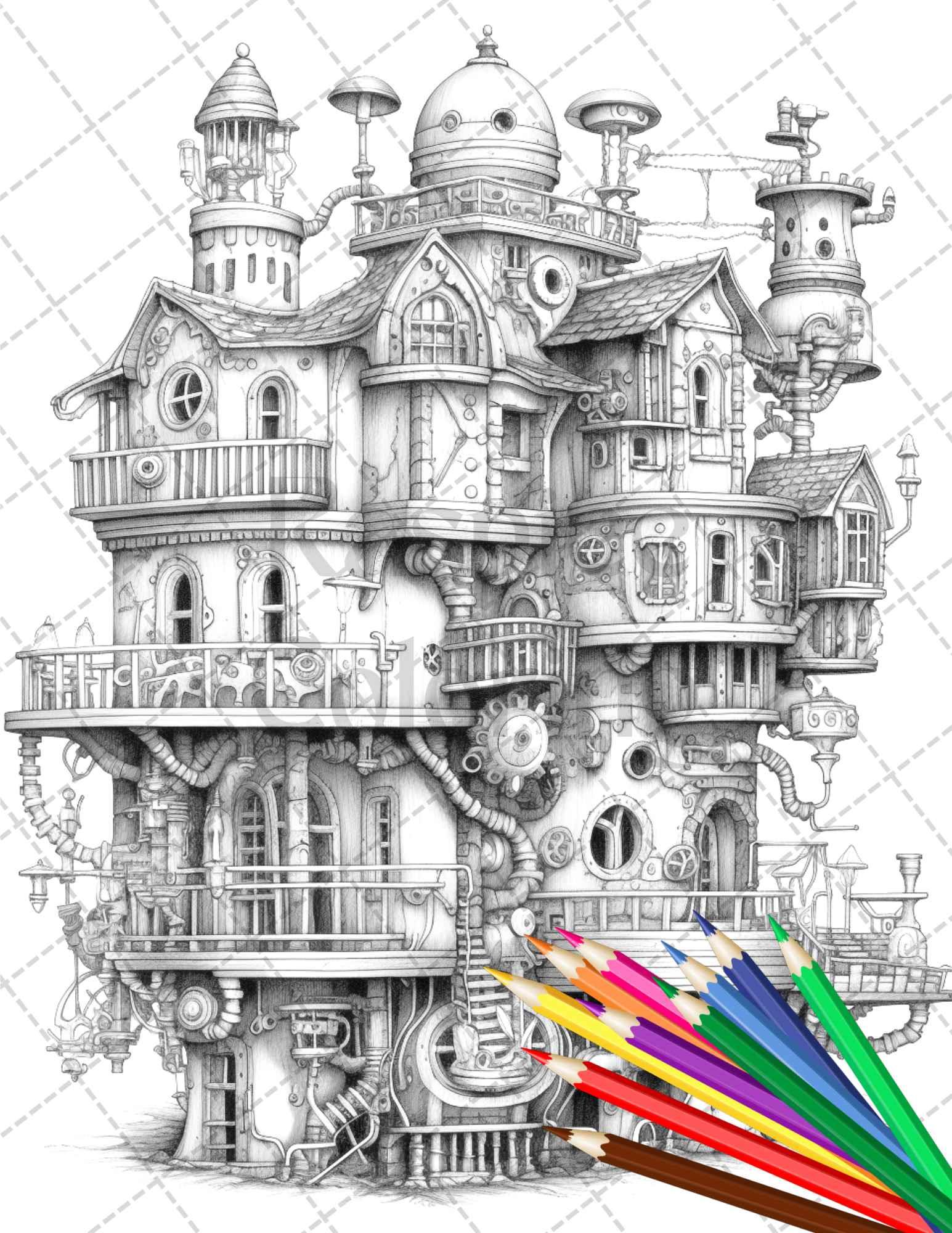 50 Steampunk Houses Grayscale Coloring Pages Printable for Adults, PDF File Instant Download