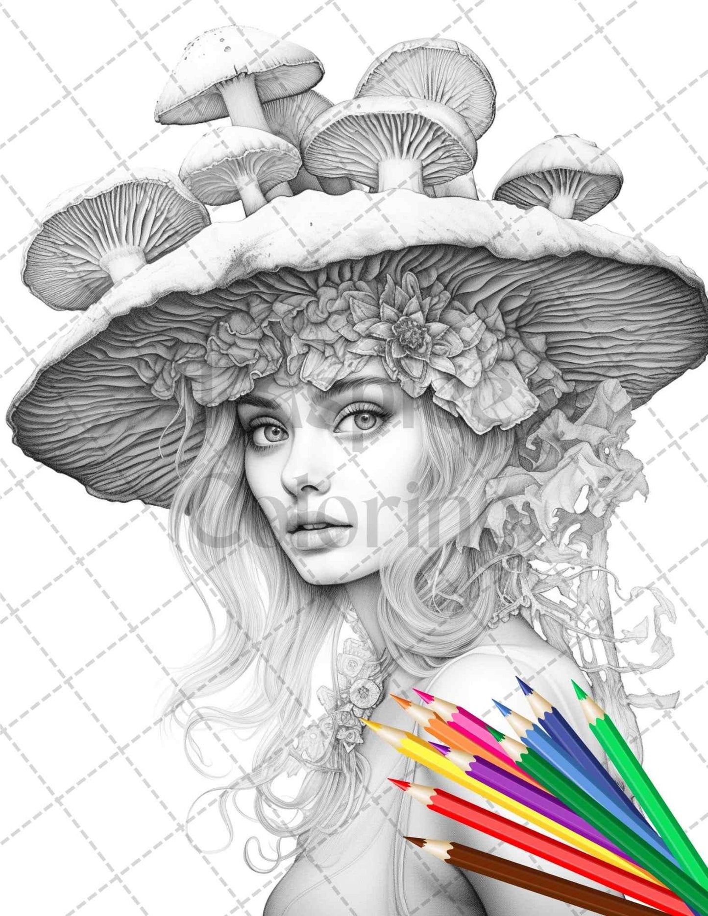 50 Mushroom Fairy Grayscale Coloring Pages Printable for Adults, PDF File Instant Download