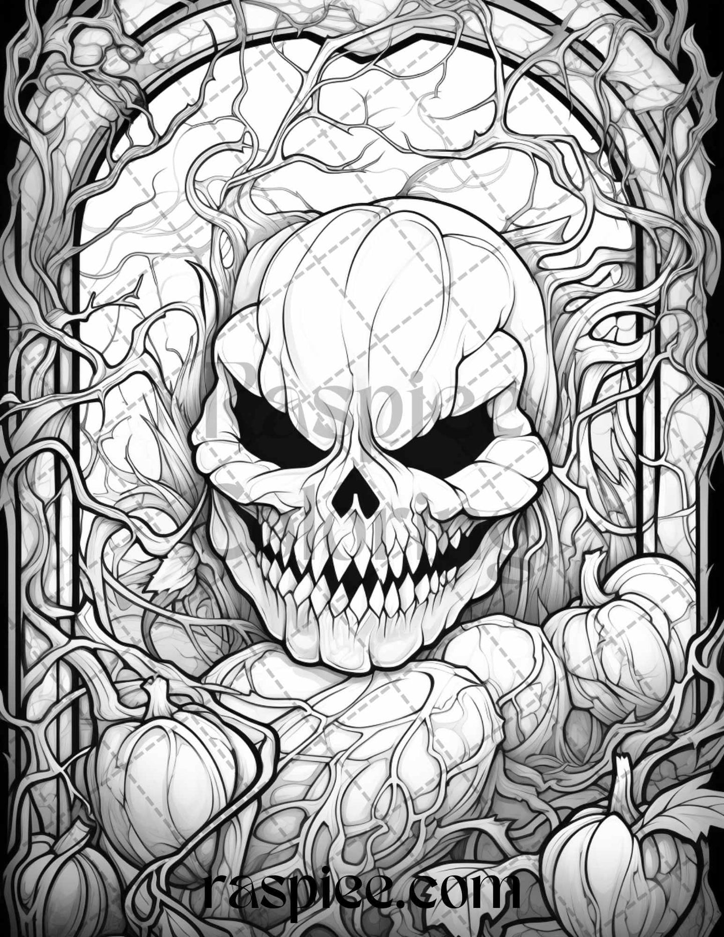 70 Halloween Stained Glass Grayscale Coloring Pages Printable for Adults, PDF File Instant Download