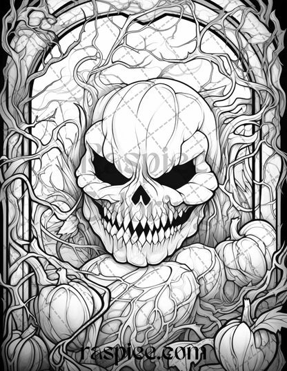 70 Halloween Stained Glass Grayscale Coloring Pages Printable for Adults, PDF File Instant Download