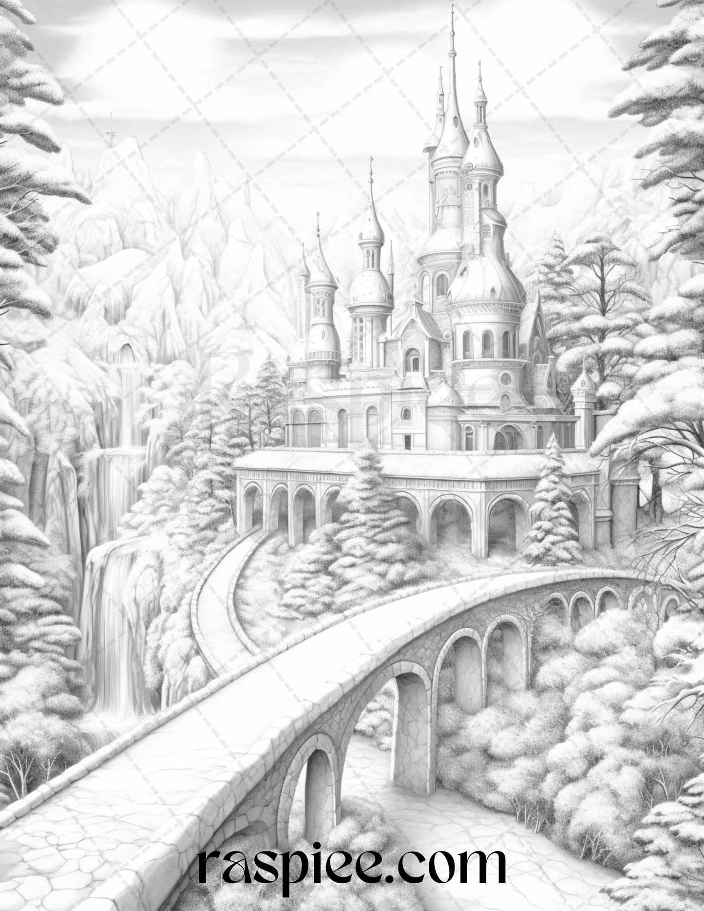 Winter Scenery Grayscale Coloring Pages Printable, Relaxing Snowy Landscapes, PDF File Instant Download