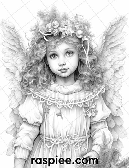 55 Christmas Angel Grayscale Coloring Pages for Adults, Printable PDF Instant Download