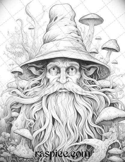 50 Magical Wizard Grayscale Coloring Pages for Adults, Printable PDF File Instant Download