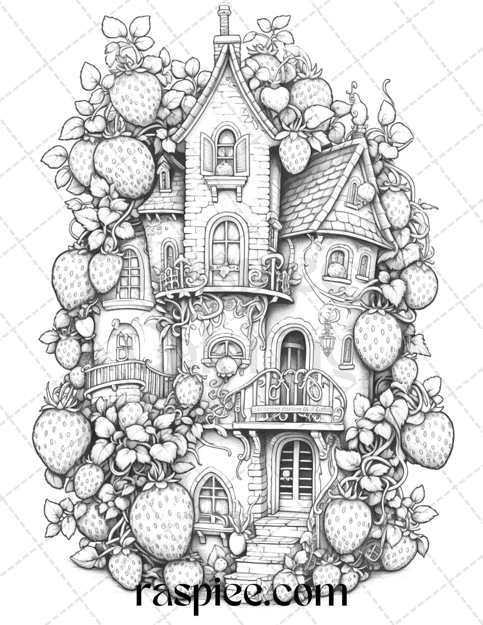 50 Strawberry Houses Grayscale Coloring Pages Printable for Adults Kids, PDF File Instant Download
