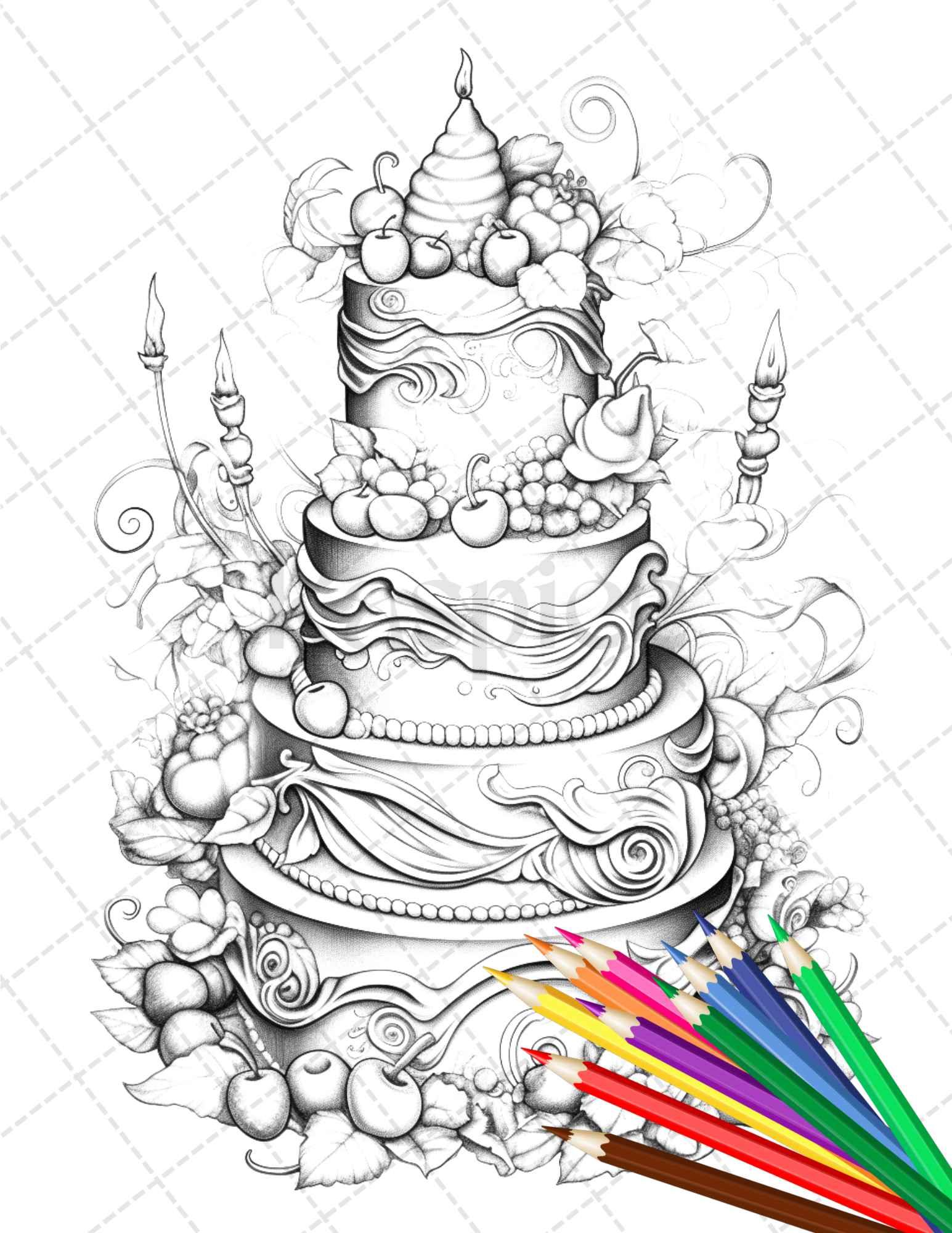 38 Whimsical Cakes Grayscale Coloring Pages for Adults, PDF File Instant Download