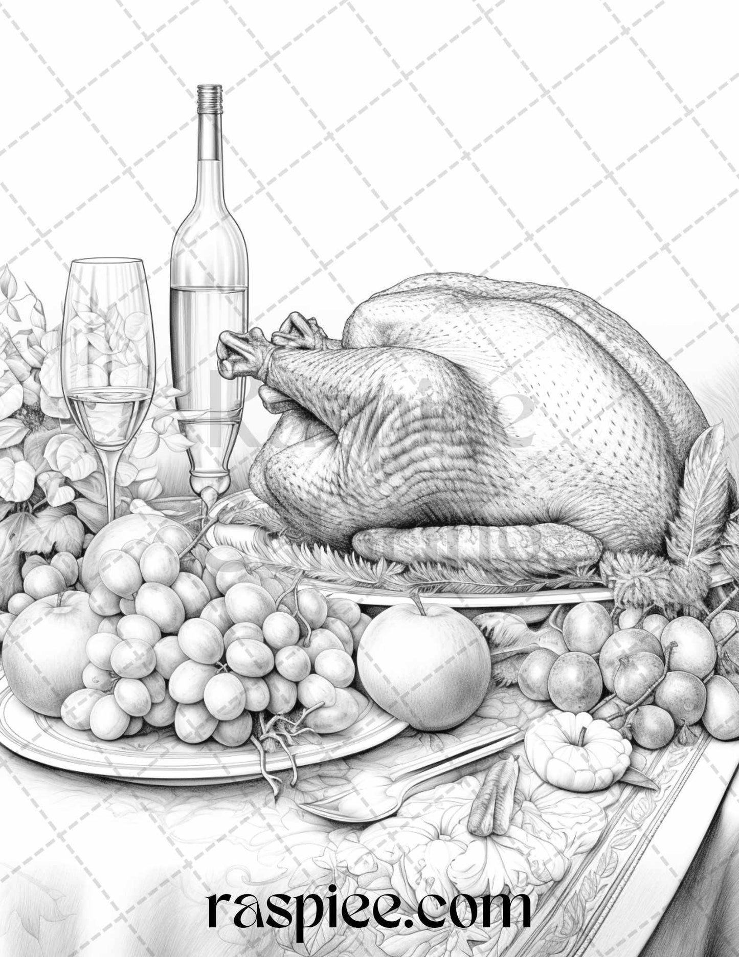 Thanksgiving Dinner Grayscale Coloring Pages for Adults, Relaxing Fall Coloring Sheets, Printable PDF File Instant Download