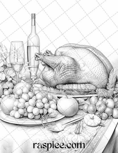 Thanksgiving Dinner Grayscale Coloring Pages for Adults, Relaxing Fall Coloring Sheets, Printable PDF File Instant Download