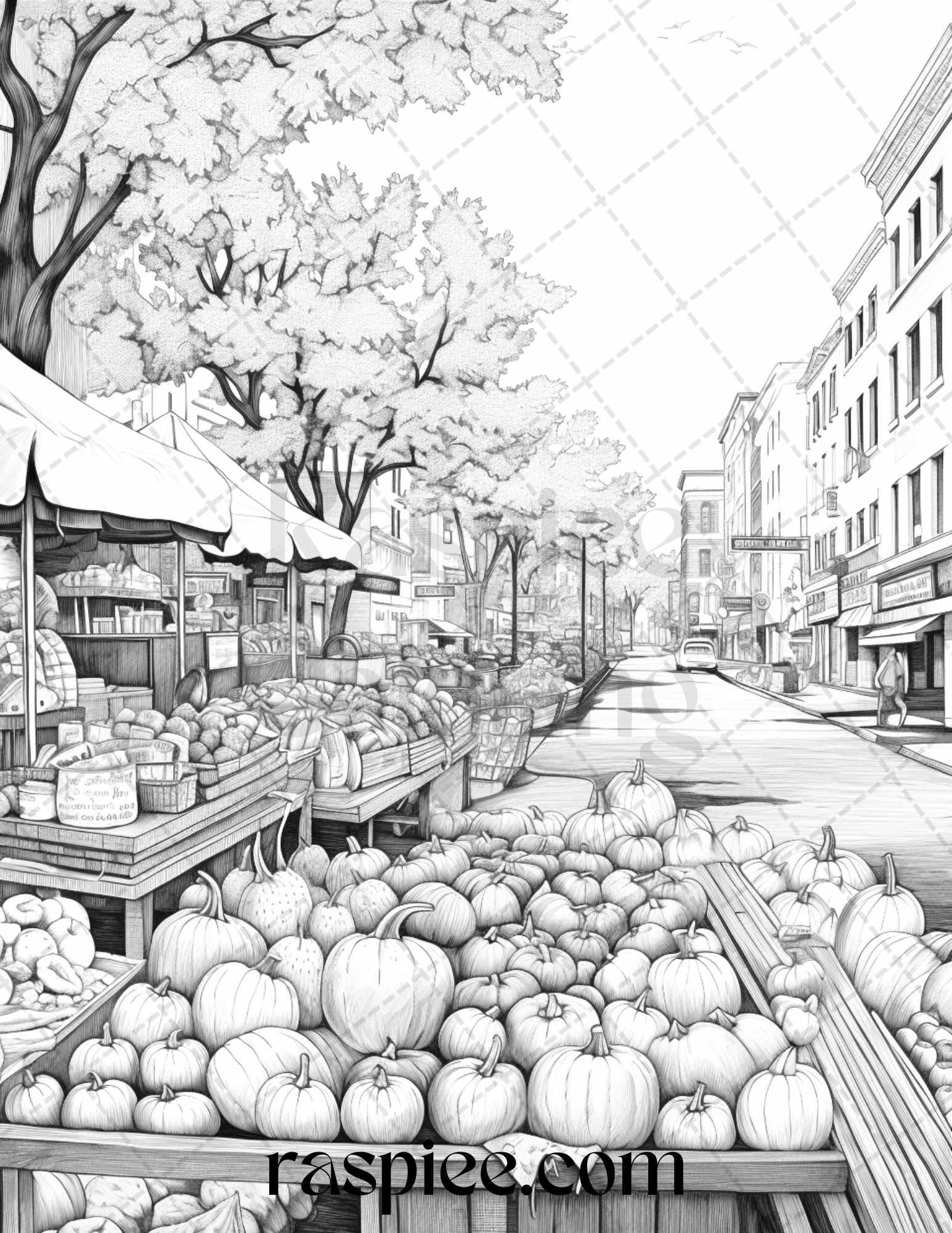 Autumn Street Markets Grayscale Coloring Pages for Adults, Printable PDF File Instant Download