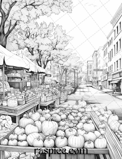 Autumn Street Markets Grayscale Coloring Pages for Adults, Printable PDF File Instant Download