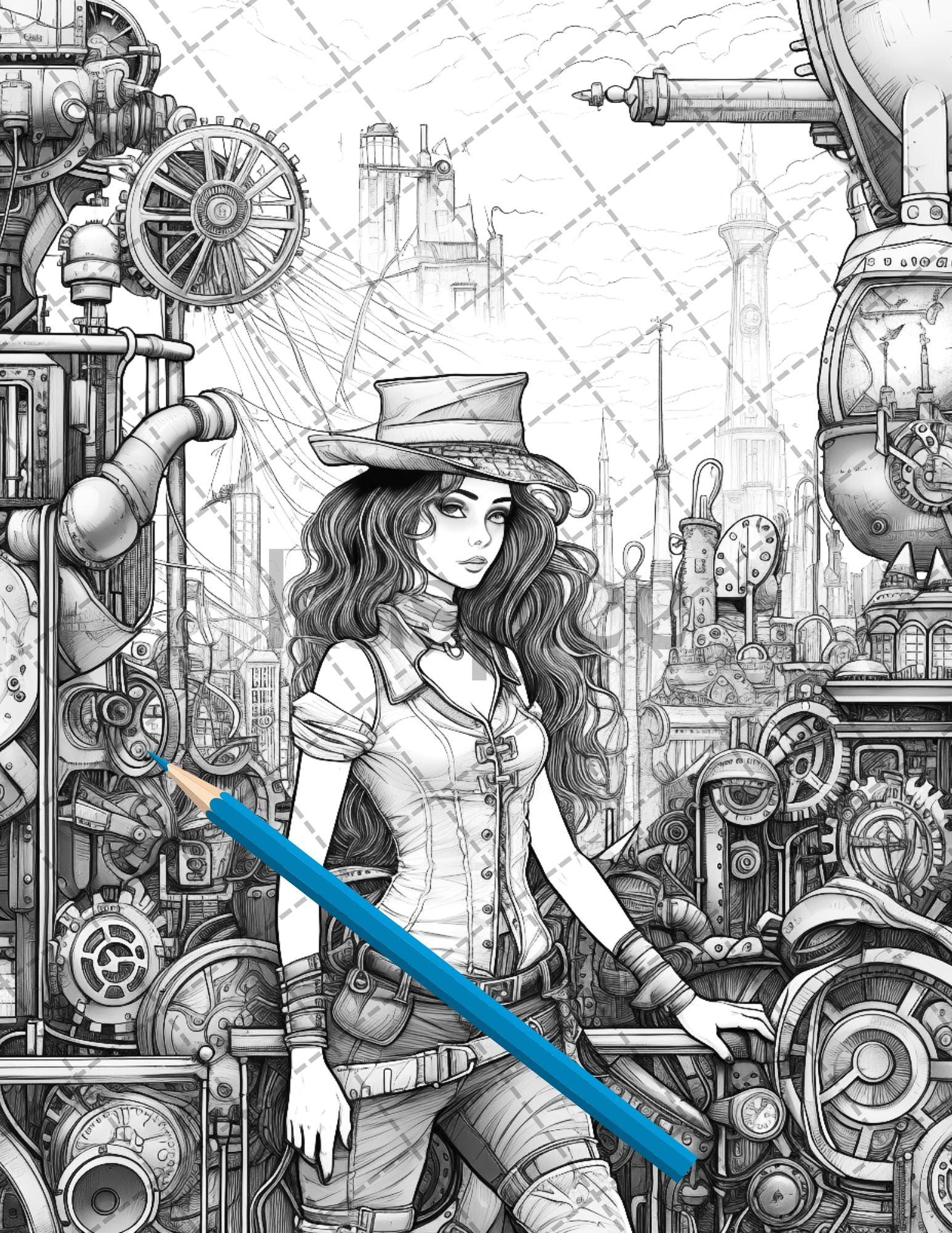 30 Steampunk Girls Coloring Pages Printable for Adults, Victorian Inspired Adult Grayscale Coloring Book, PDF File Download