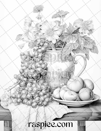 52 Still Life Grayscale Coloring Pages Printable for Adults, PDF File Instant Download