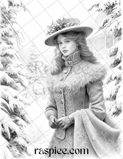 60 Victorian Winter Portrait Grayscale Coloring Pages Printable for Adults, PDF File Instant Download