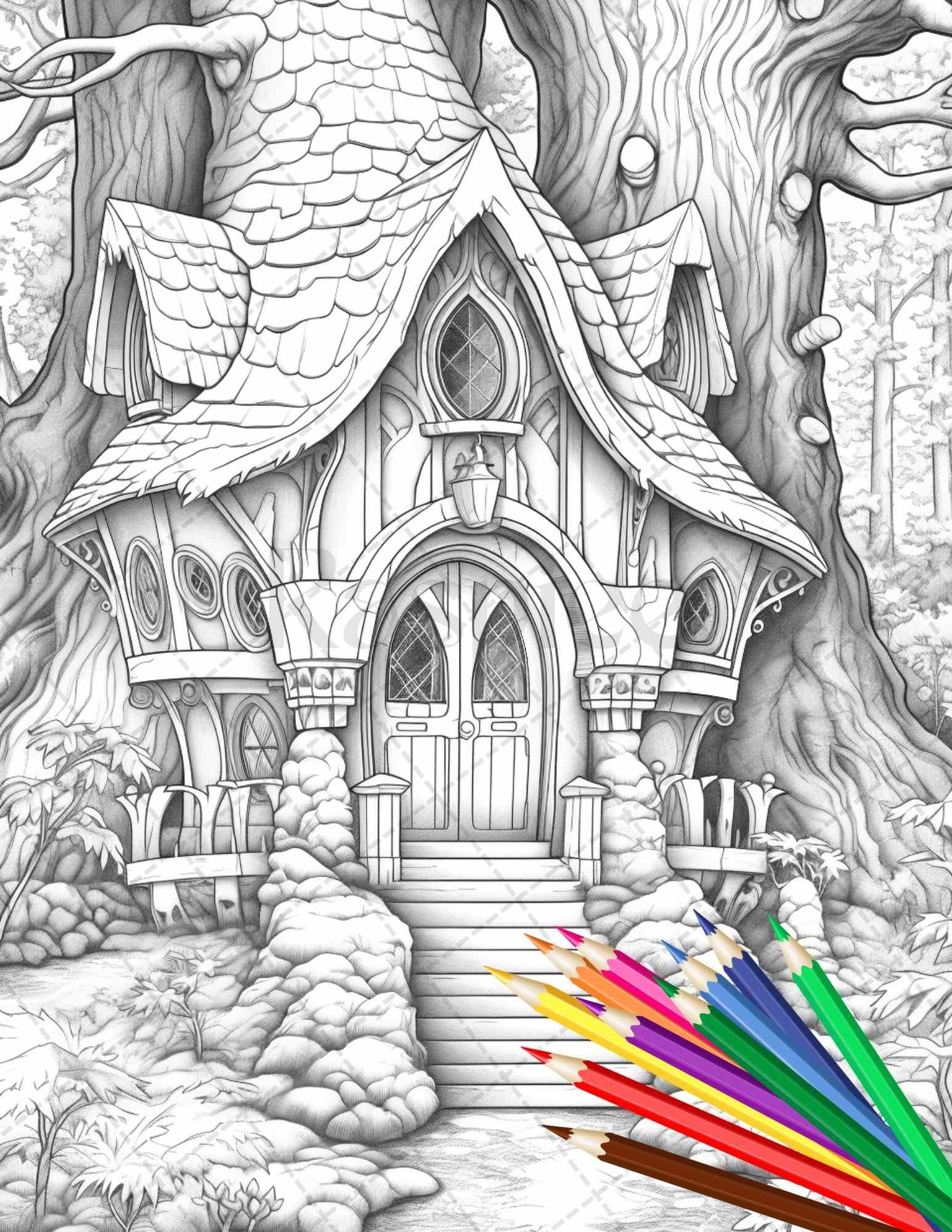 63 Winter Fairy Houses Grayscale Coloring Pages Printable for Adults, PDF File Instant Download