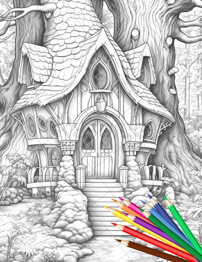 63 Winter Fairy Houses Grayscale Coloring Pages Printable for Adults, PDF File Instant Download