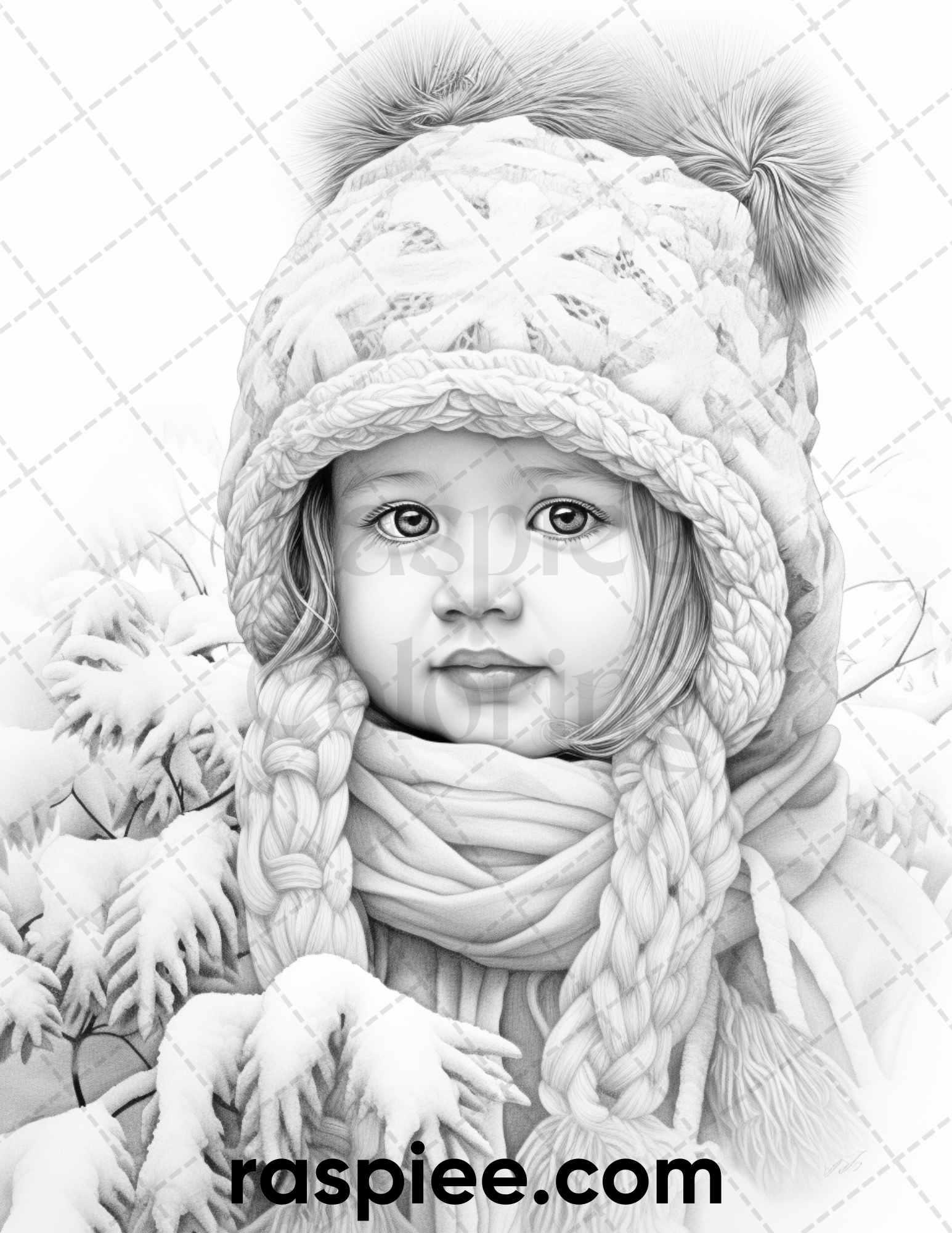 50 Baby Winter Portrait Grayscale Coloring Pages Printable for Adults, PDF File Instant Download