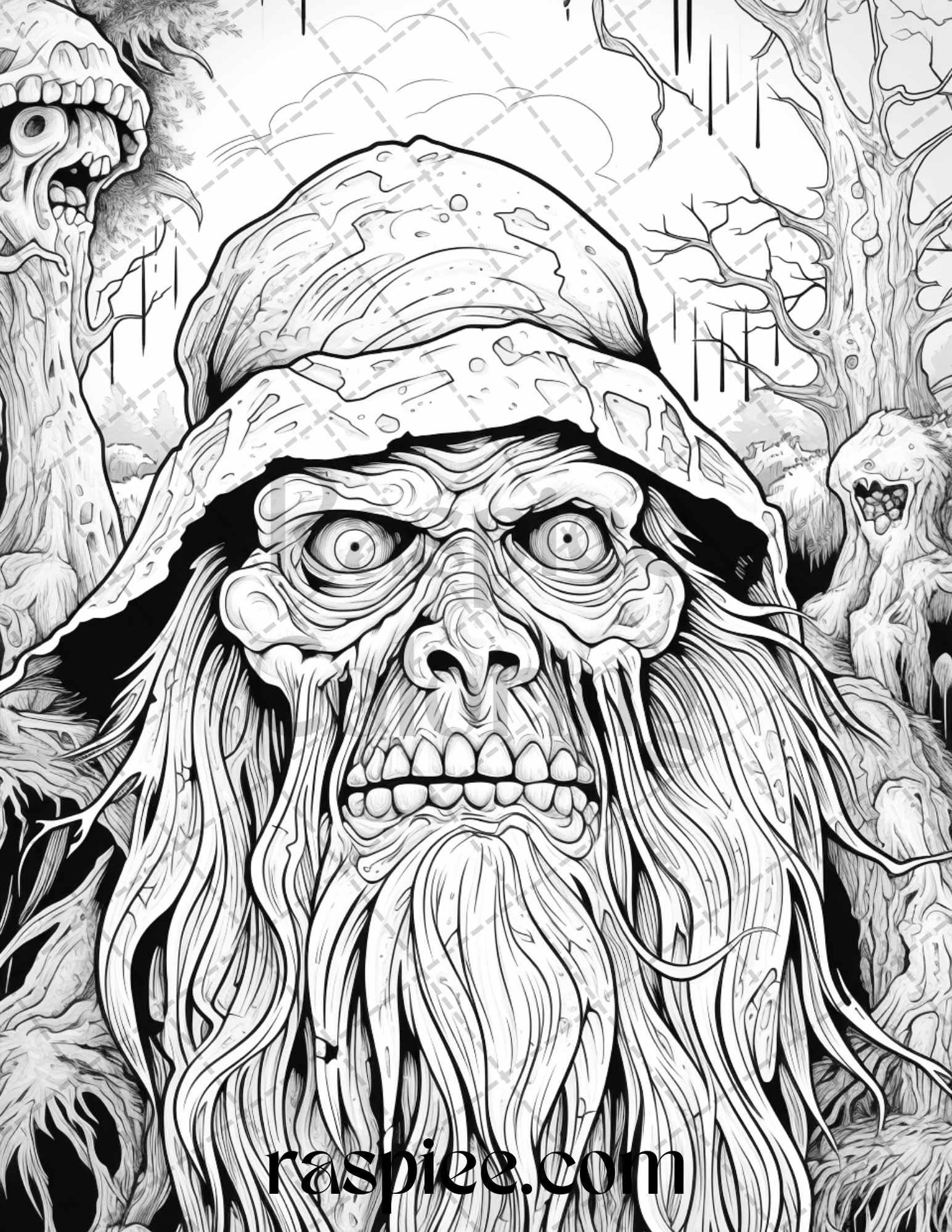 50 Horror Zombie Gnomes Grayscale Coloring Pages Printable for Adults, PDF File Instant Download