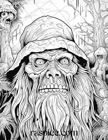 50 Horror Zombie Gnomes Grayscale Coloring Pages Printable for Adults, PDF File Instant Download