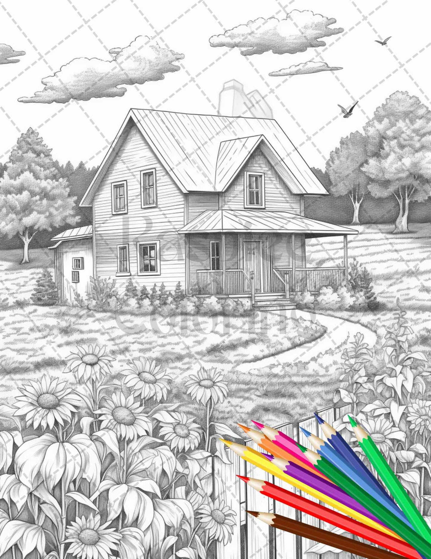 Charming Farmhouse Scenery Grayscale Coloring Pages Printable for Adults, PDF File Instant Download