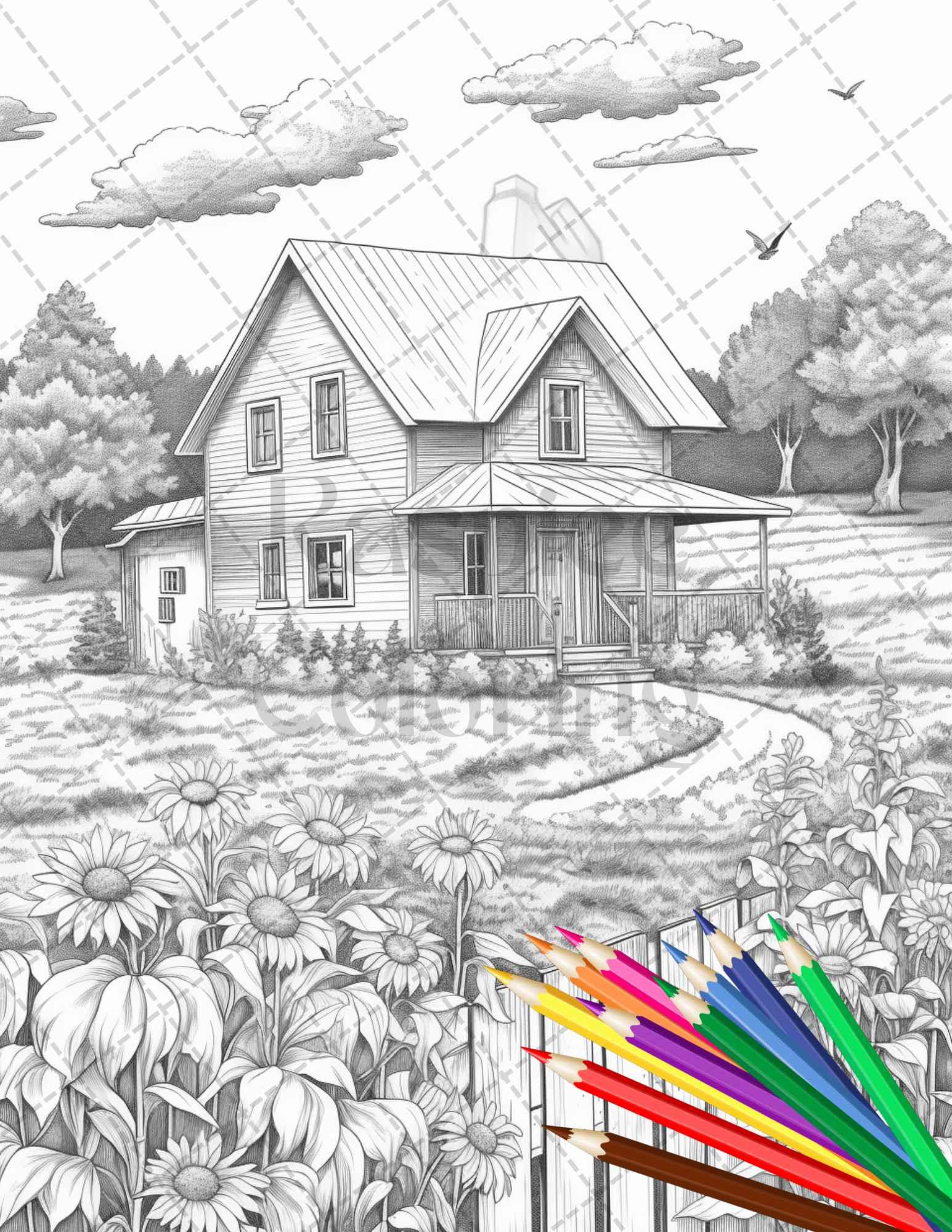 Charming Farmhouse Scenery Grayscale Coloring Pages Printable for Adults, PDF File Instant Download