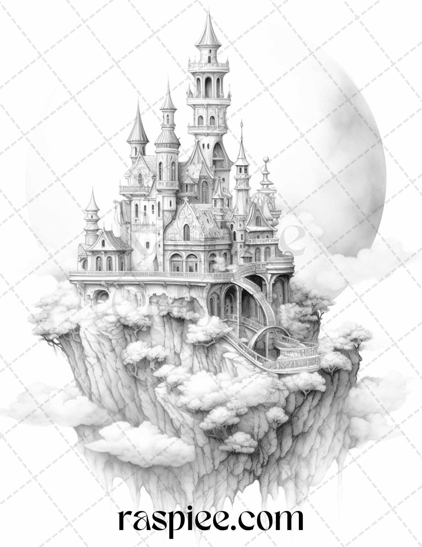 Floating Castle in the Sky Grayscale Coloring Pages for Adults, Printable PDF File Instant Download