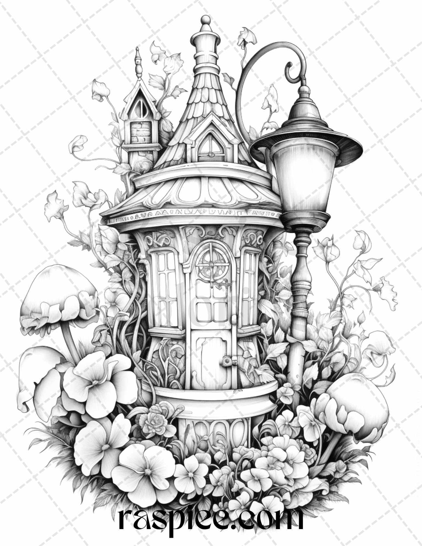 50 Lantern Fairy Houses Grayscale Coloring Pages Printable for Adults, PDF File Instant Download