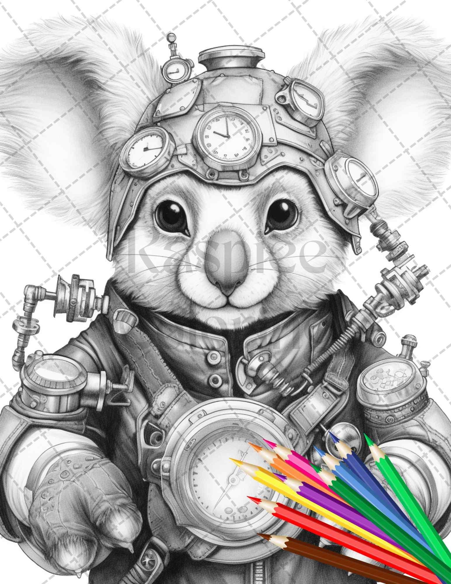 60 Steampunk Animals Grayscale Coloring Pages Printable for Adults, PDF File Instant Download