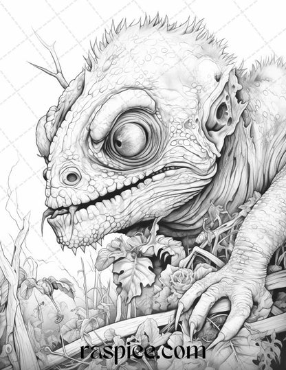66 Horror Zombie Animals Grayscale Coloring Pages Printable for Adults, PDF File Instant Download